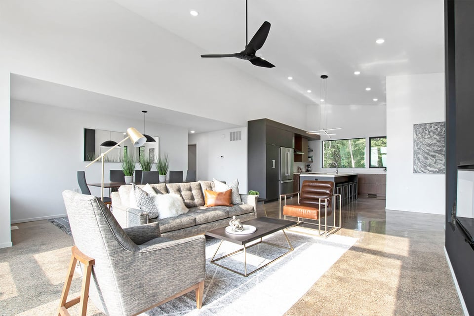 Interior of Modern Zero Energy Homes with Fireplace Built by R Value Homes in West Michigan